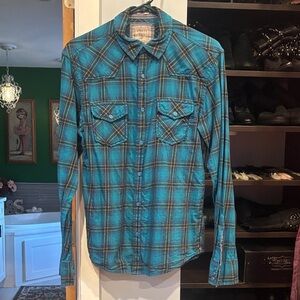 Guess Long Sleeve Button Down Blue Plaid Western Shirt. Slim Fit, Size XS
